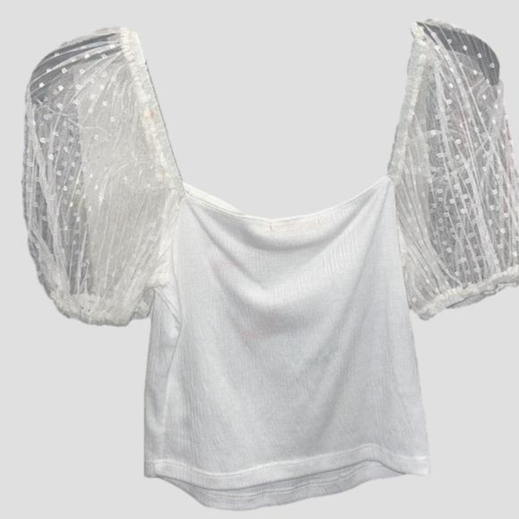 Evolutionary crop top womens medium white seersucker mesh sleeves off shoulder - Picture 1 of 4